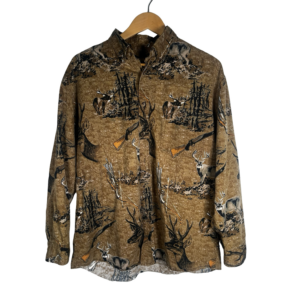 Rugged Earth Outfitters‎ Shirt Mens Large Brown Deer Hunting Camo Button Down